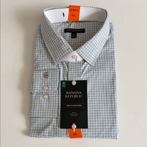 Banana Republic Men's Slim Fit Dress Shirt Green Blue and White Check